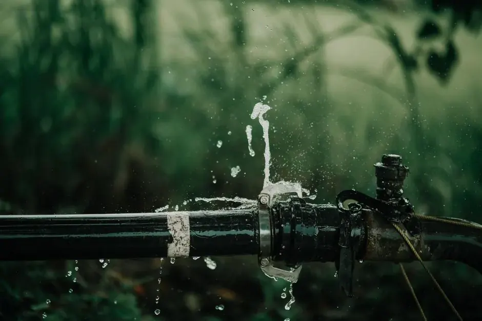 Outdoor water line fitting leaking and spraying water among grass