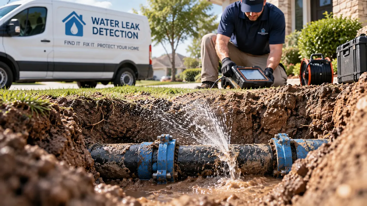 Leak detection technician reading an instrument beside an excavated water line spraying from a pipe joint