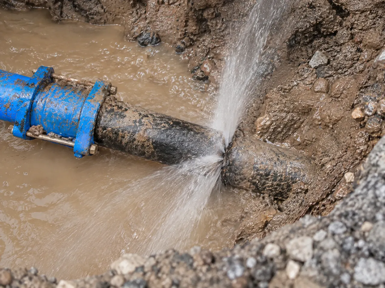 Exposed underground water line spraying water from a break next to a coupling